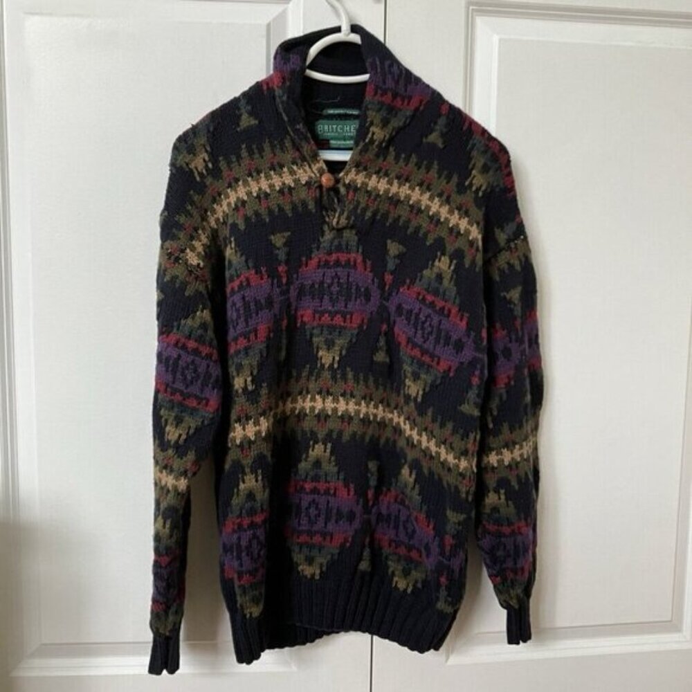 Vintage Britches Sweater Mens L Shawl Collar Southwestern Hand Knit Grandpa